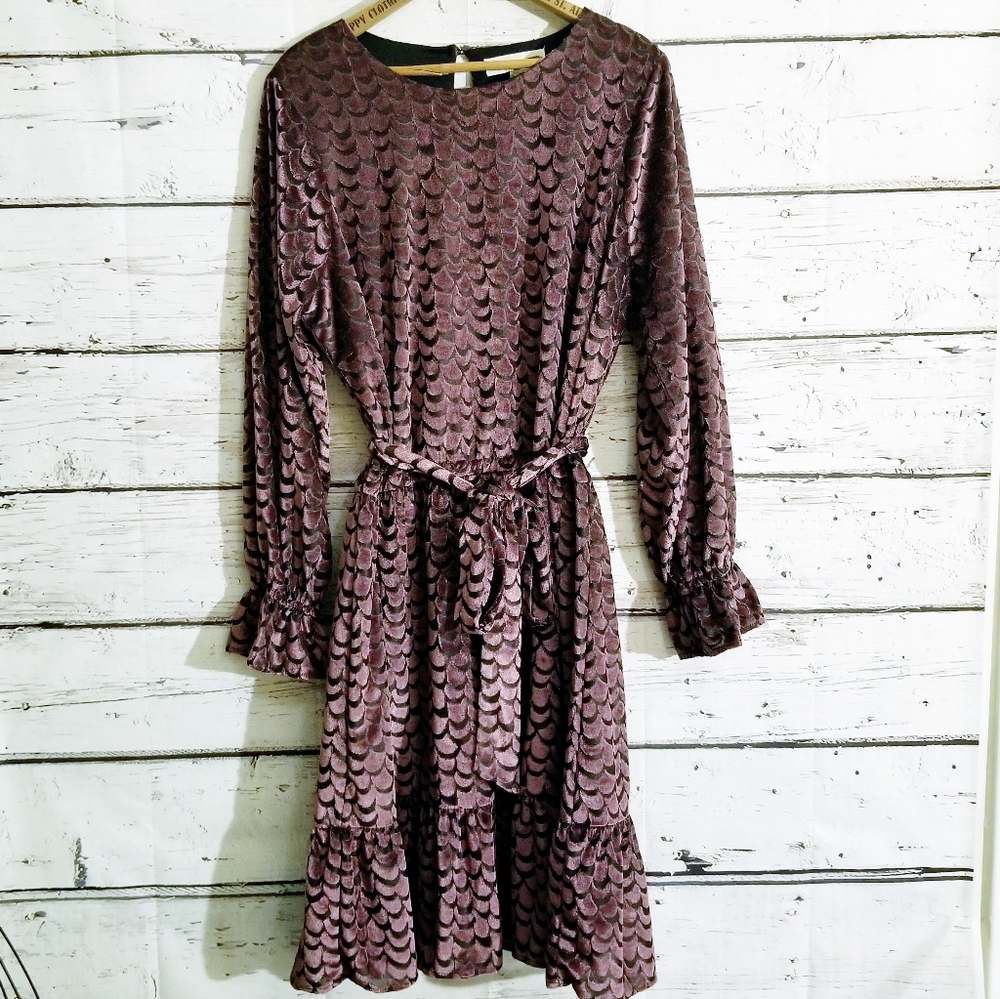 Michael Kors Purple Velvet Scalloped Belted Dress - Picture 3 of 8
